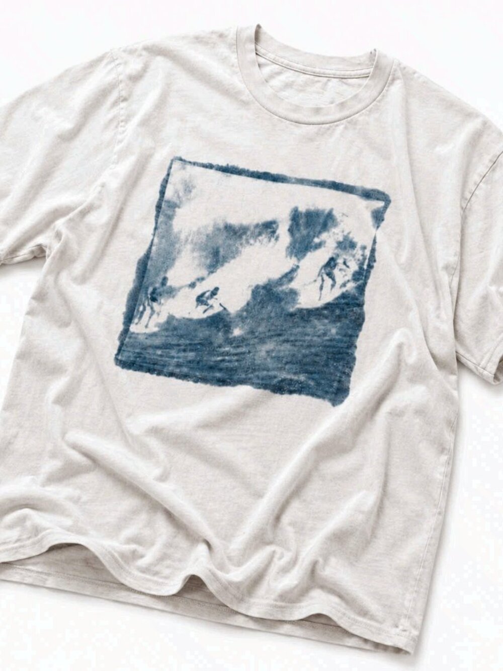 Vintage Blue Surfing Ocean Waves Graphic T-Shirt Off-White